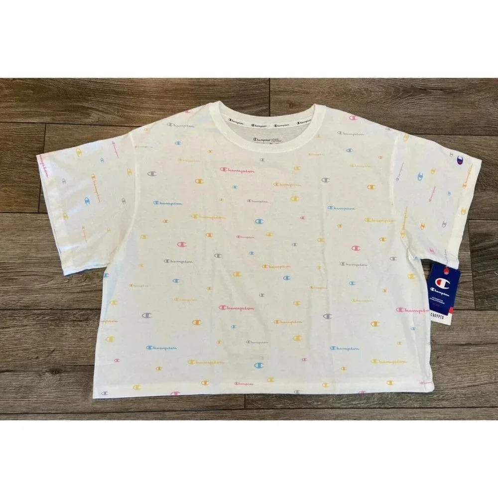 NWT Champion T Shirt White Mulit Logo Cropped Size 2X New